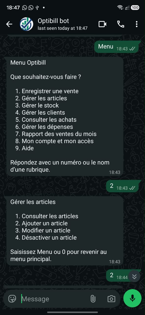 Capture réelle : menu du bot Optibill dans WhatsApp, avec les rubriques ventes, articles, stocks, clients, achats, dépenses et rapports.