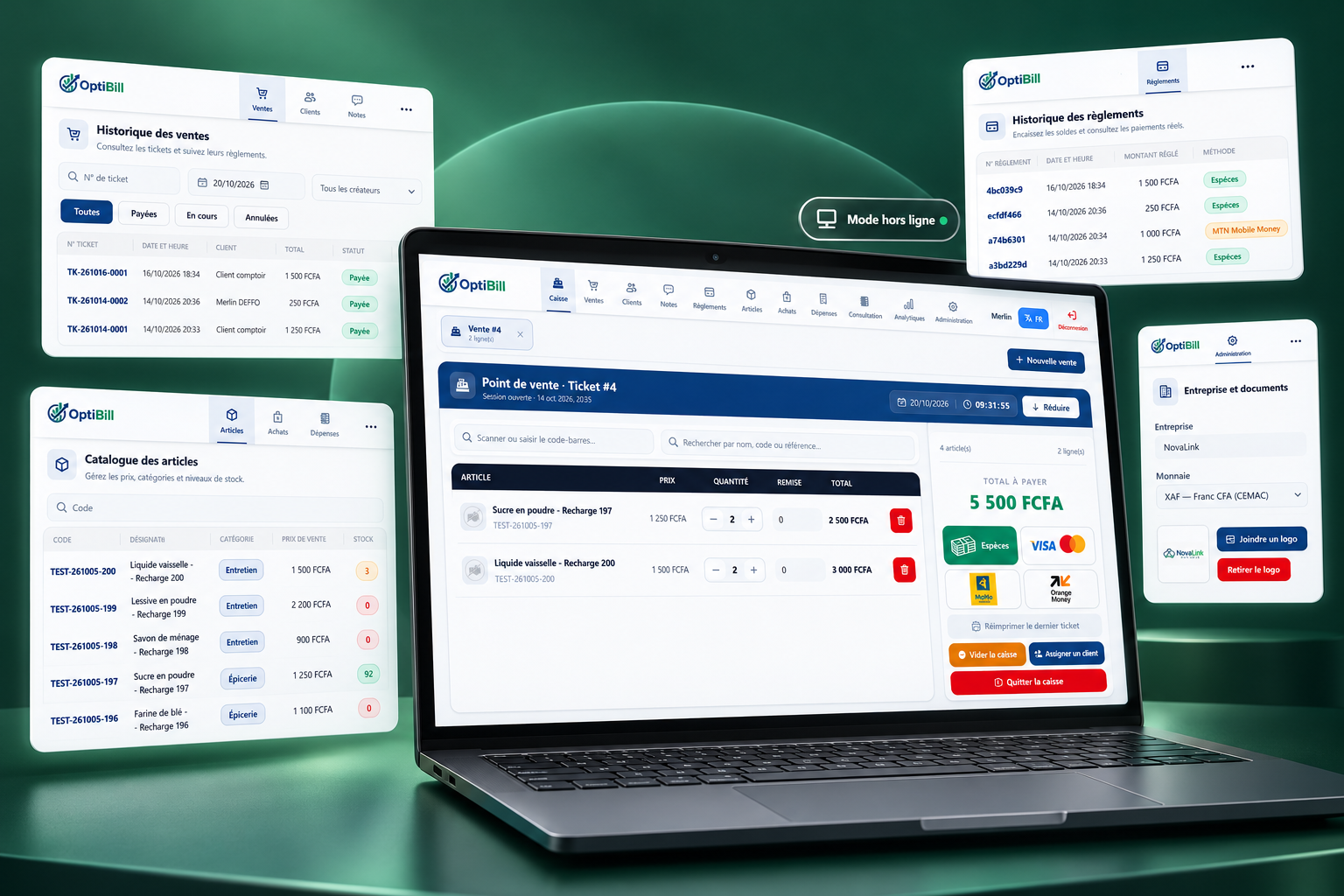 Optibill GCOM sur Windows : caisse, articles, ventes, règlements et administration